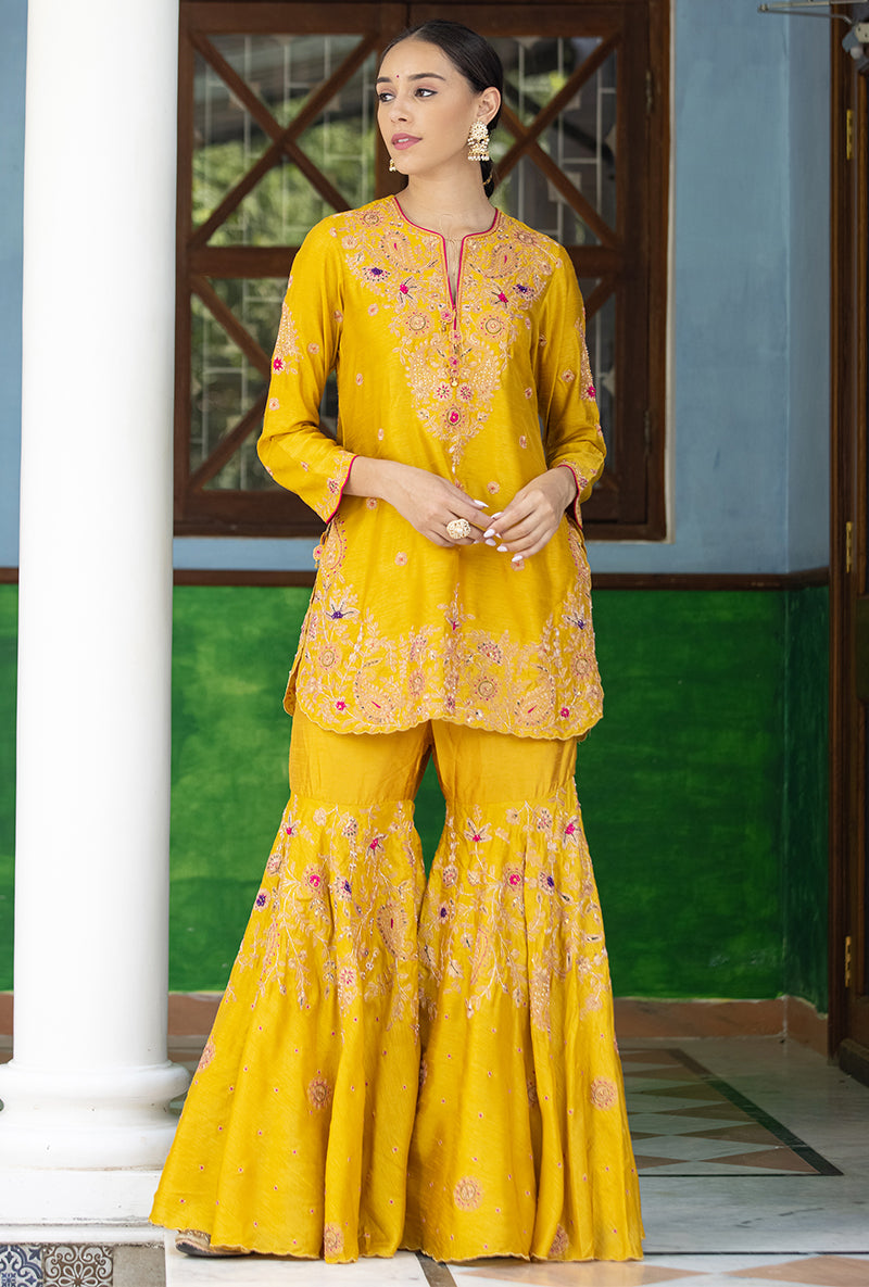 Mustard Kairi Buta Half Jaal Zeenat Gharara Set