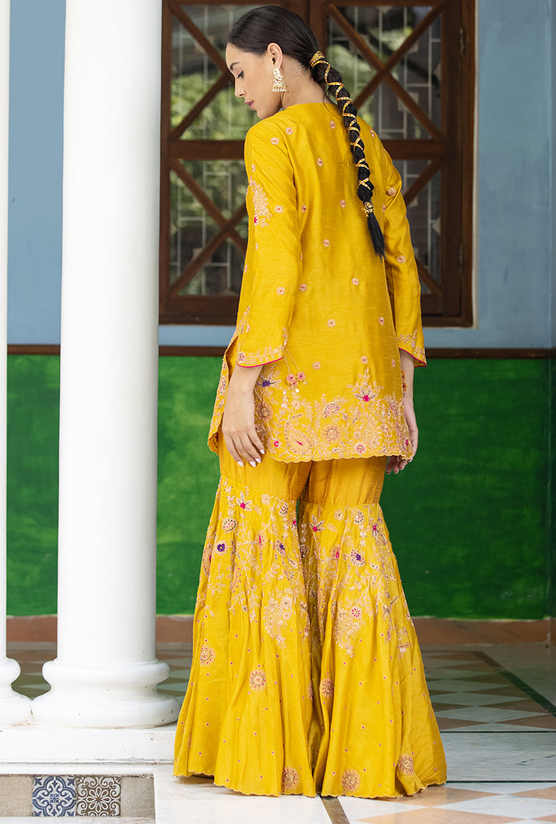 Mustard Kairi Buta Half Jaal Zeenat Gharara Set