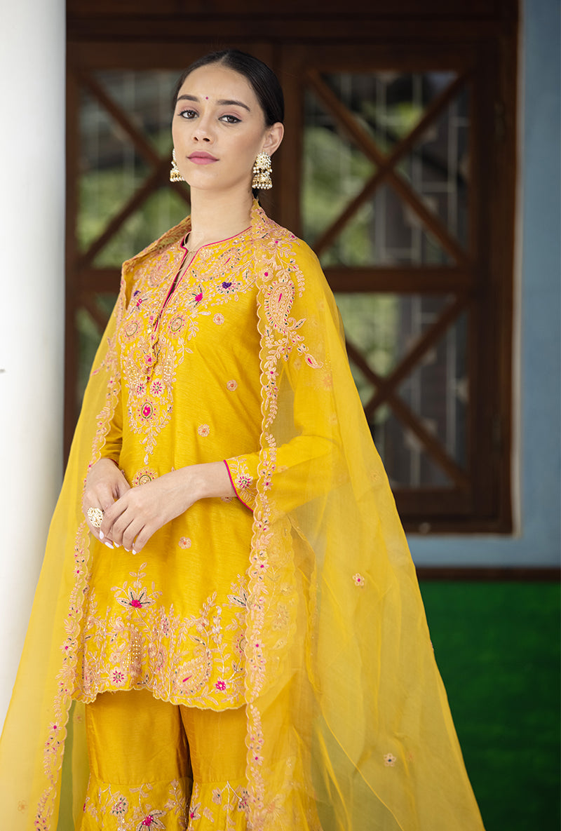 Mustard Kairi Buta Half Jaal Zeenat Gharara Set