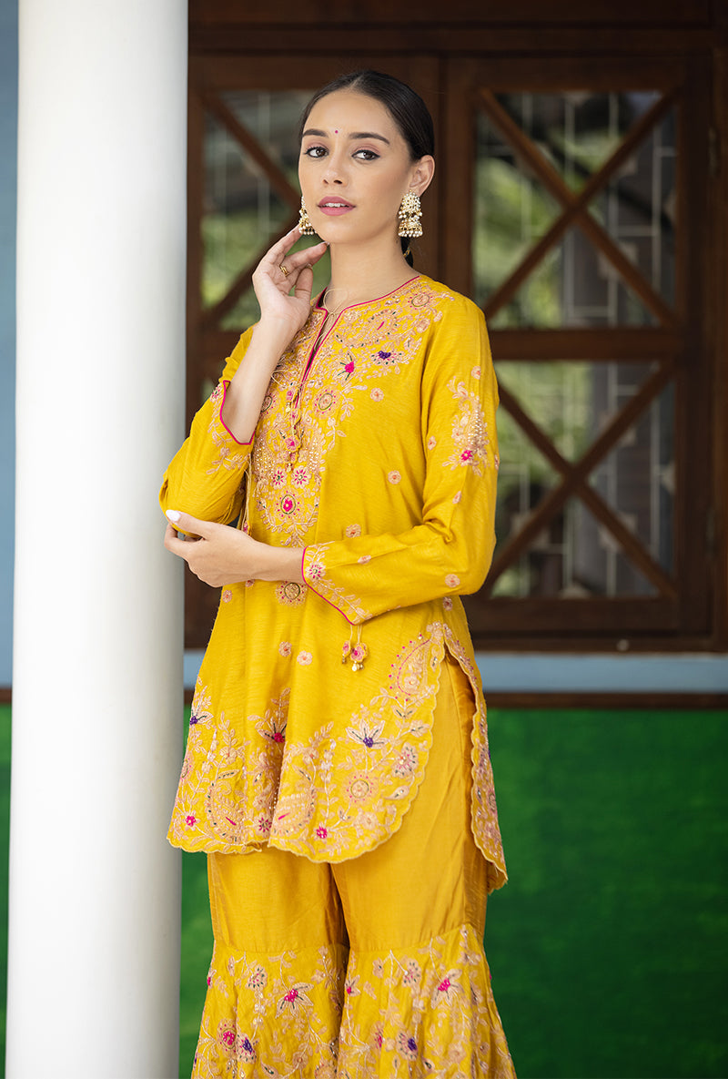 Mustard Kairi Buta Half Jaal Zeenat Gharara Set