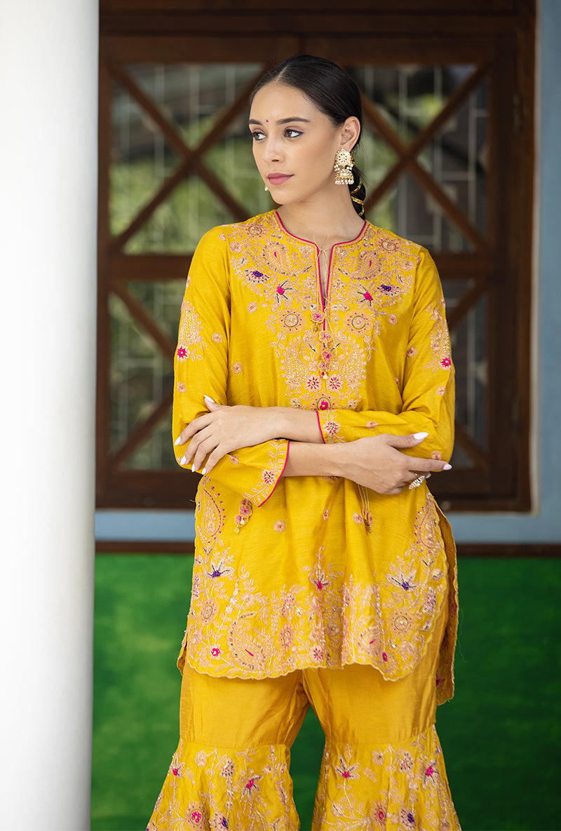 Mustard Kairi Buta Half Jaal Zeenat Gharara Set