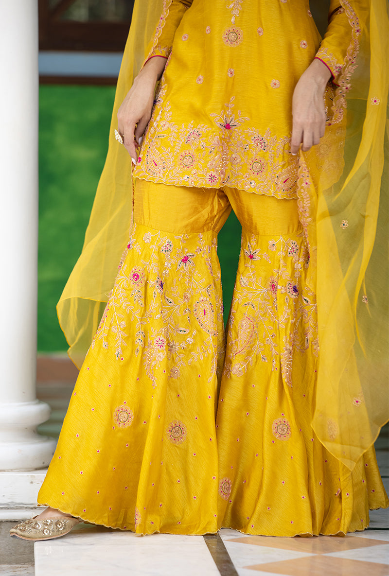 Mustard Kairi Buta Half Jaal Zeenat Gharara Set