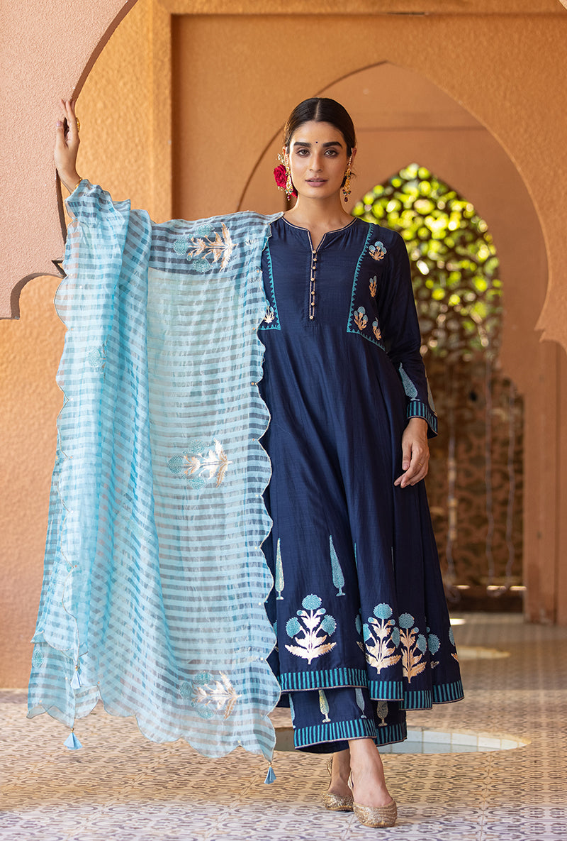 Navy A-line Nayaab Kurta Set