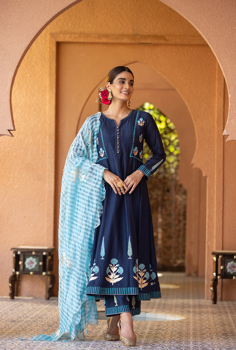 Navy A-line Nayaab Kurta Set