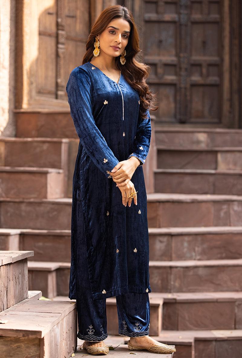 Navy Leaf Embroidery Ruhaani Kurta Set