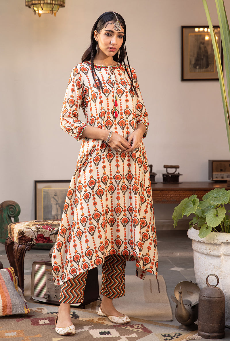 Off White & Brown Mughal Print Asymmetrical Maahru Kurta Set