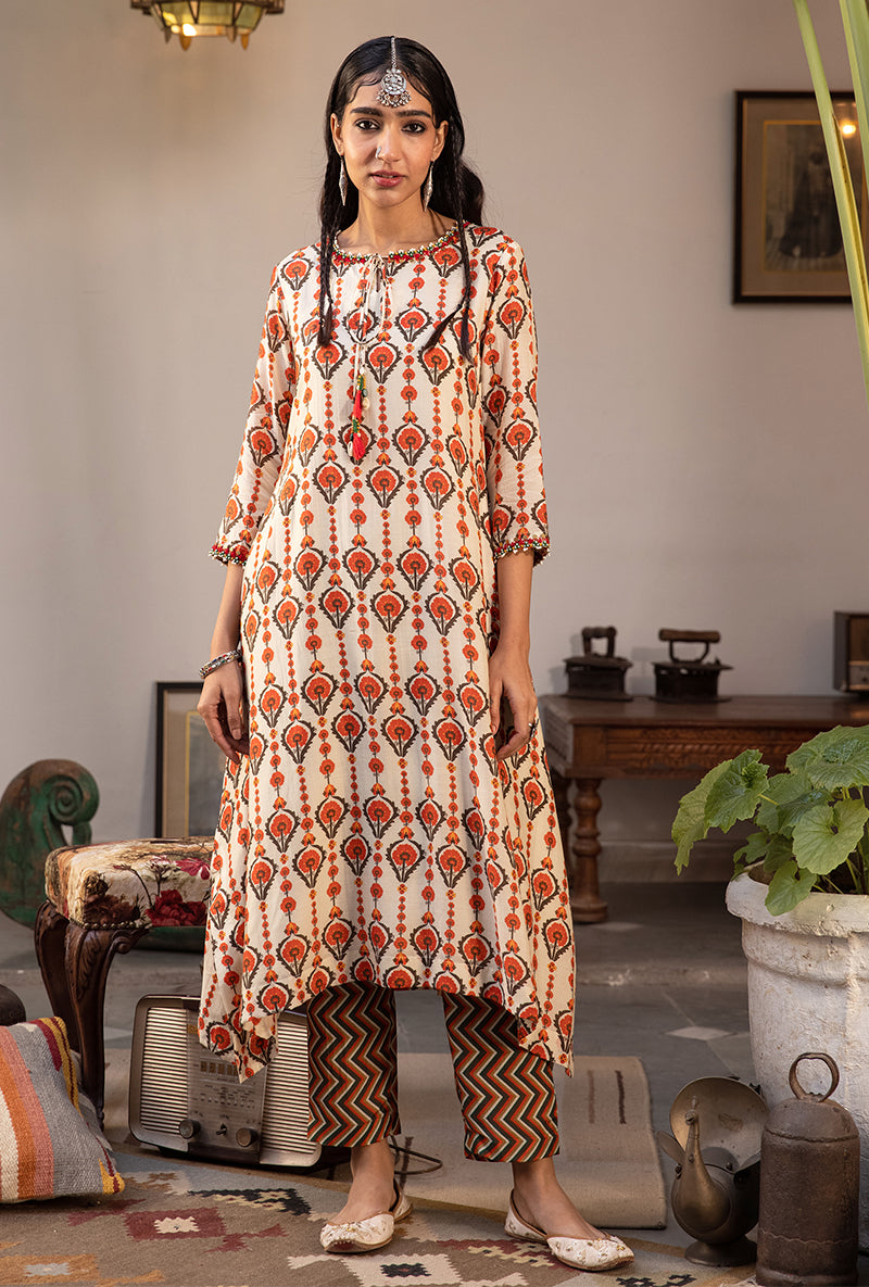 Off White & Brown Mughal Print Asymmetrical Maahru Kurta Set