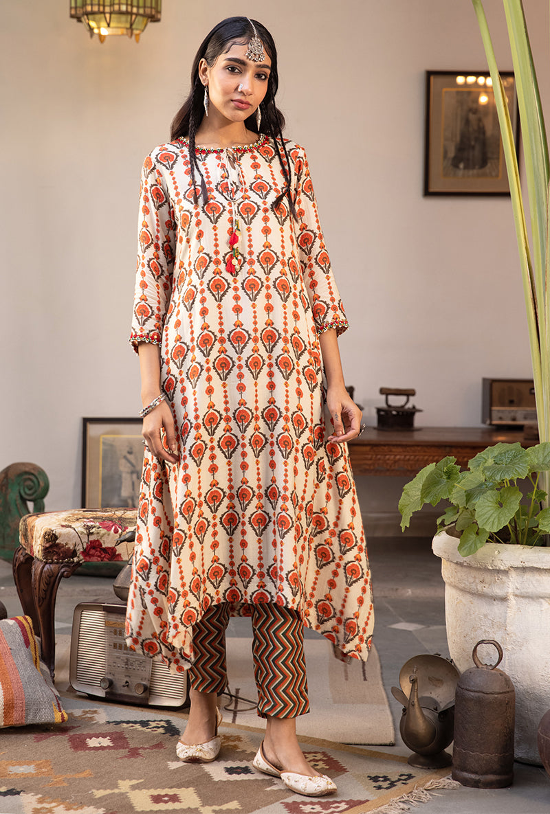 Off White & Brown Mughal Print Asymmetrical Maahru Kurta Set