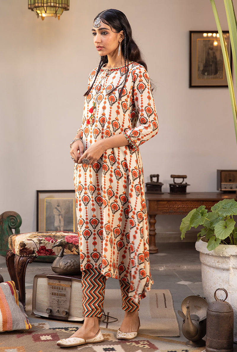 Off White & Brown Mughal Print Asymmetrical Maahru Kurta Set