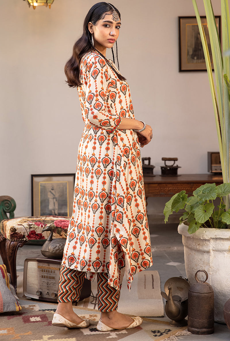 Off White & Brown Mughal Print Asymmetrical Maahru Kurta Set