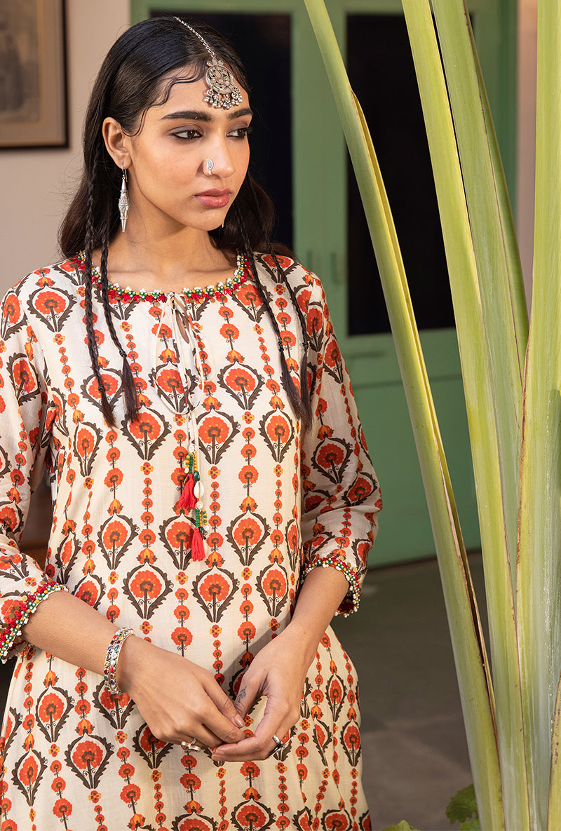 Off White & Brown Mughal Print Asymmetrical Maahru Kurta Set