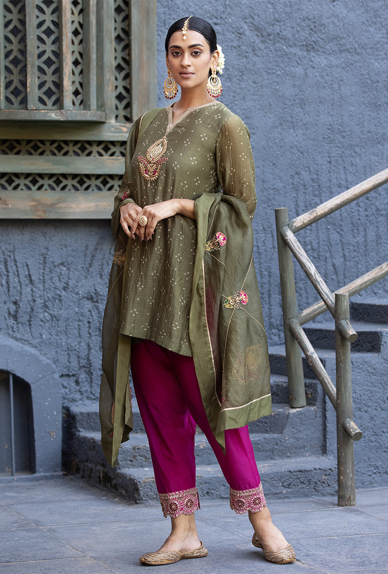 Olive Green Bandhej Zara Salwar Kurta Set