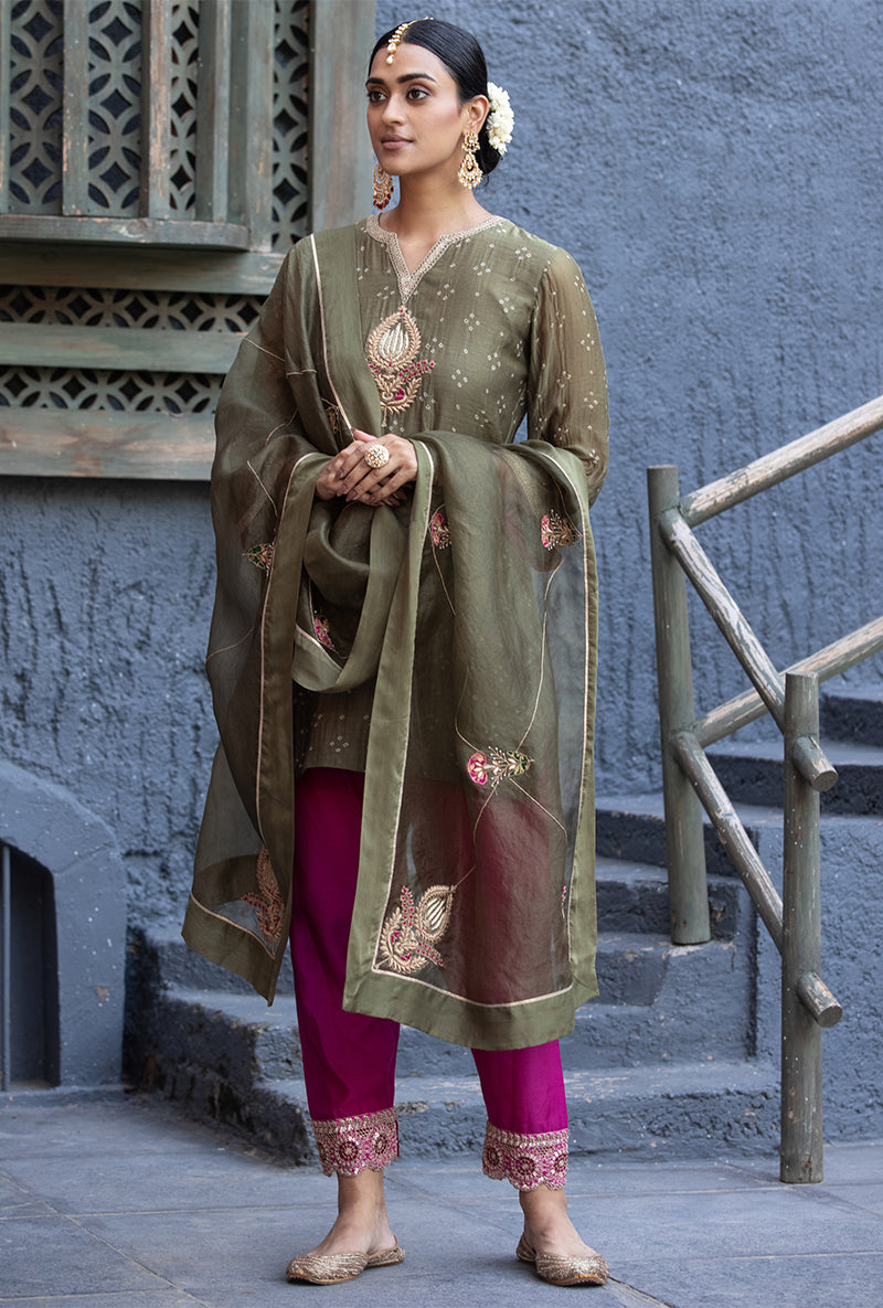 Olive Green Bandhej Zara Salwar Kurta Set