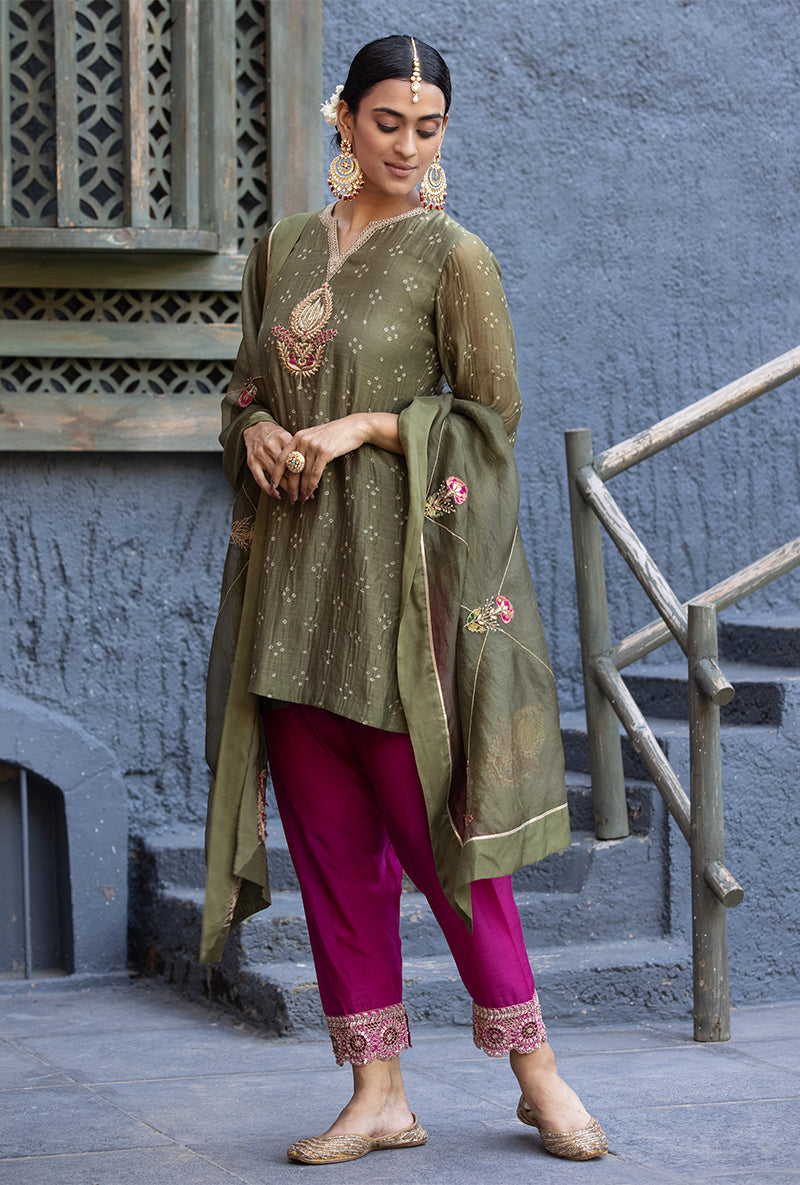 Olive Green Bandhej Zara Salwar Kurta Set