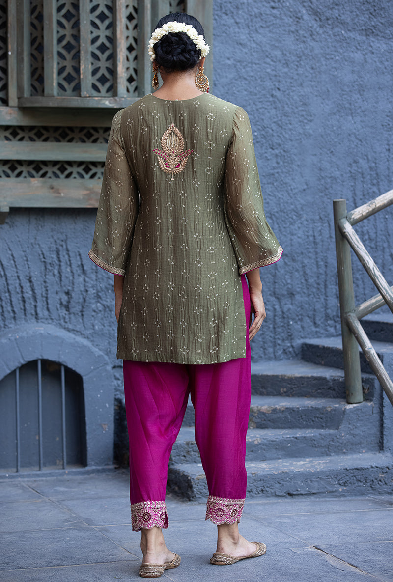 Olive Green Bandhej Zara Salwar Kurta Set