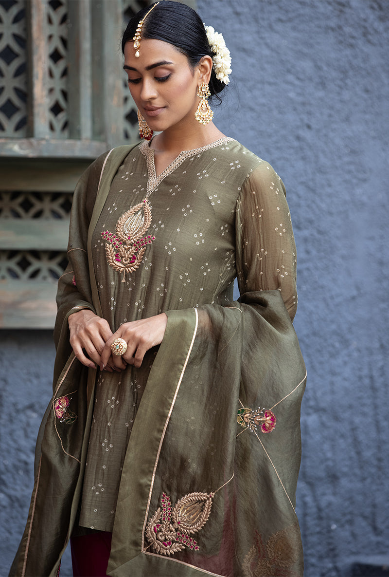 Olive Green Bandhej Zara Salwar Kurta Set