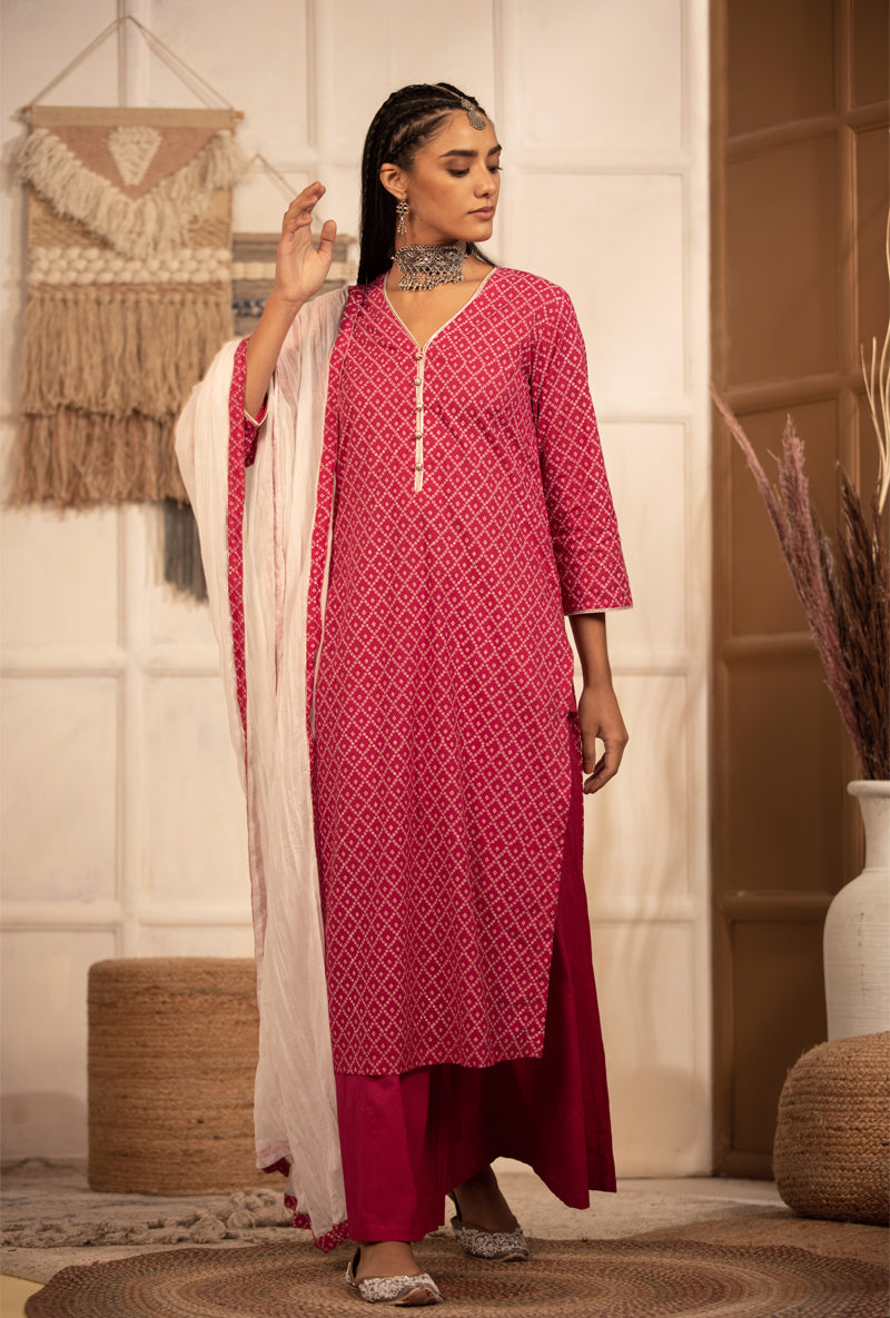 Rani Pink Bandhej Straight Kurta Set