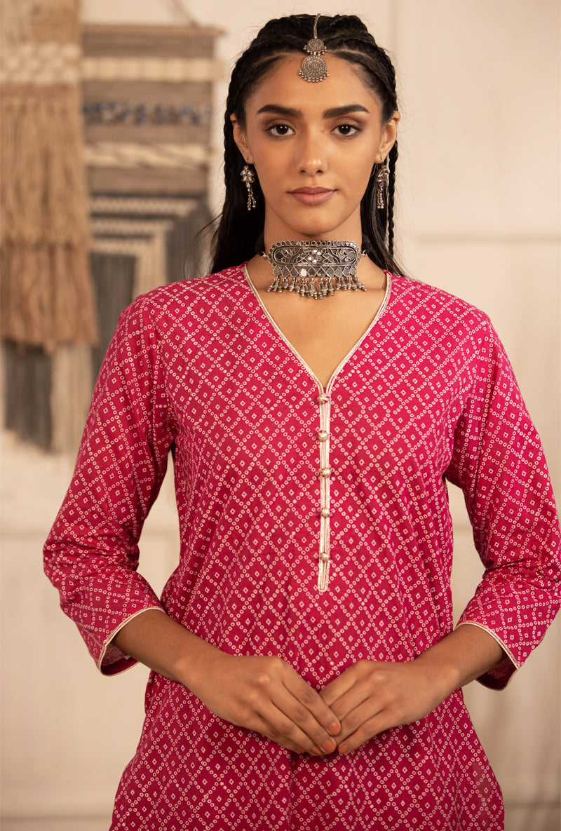 Rani Pink Bandhej Straight Kurta Set