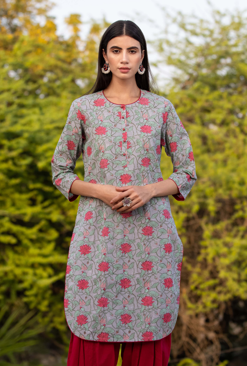 Grey/Red Pankhuri Salwar Kurta Set