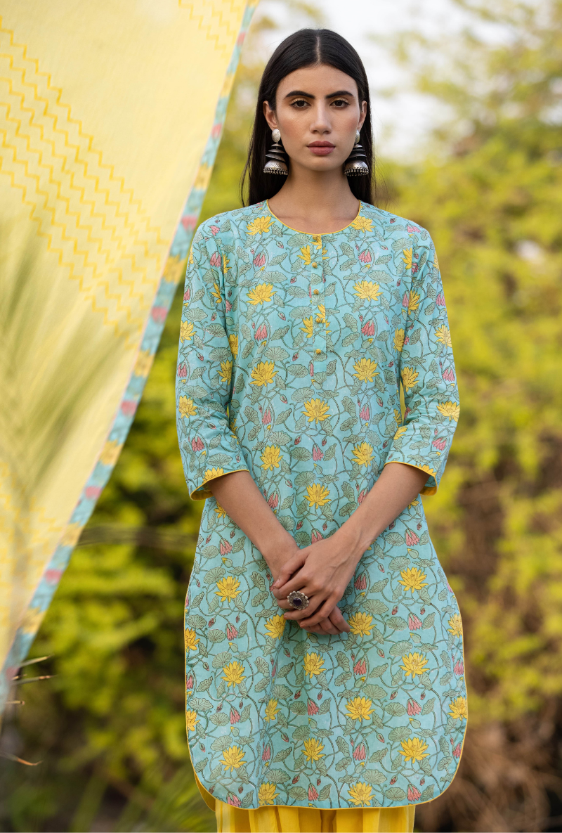 Aqua/Yellow Pankhuri Salwar Kurta Set