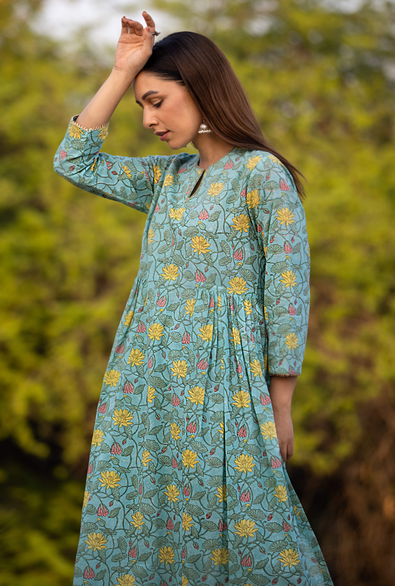 Aqua/Yellow Pankhuri Anarkali Kurta Set
