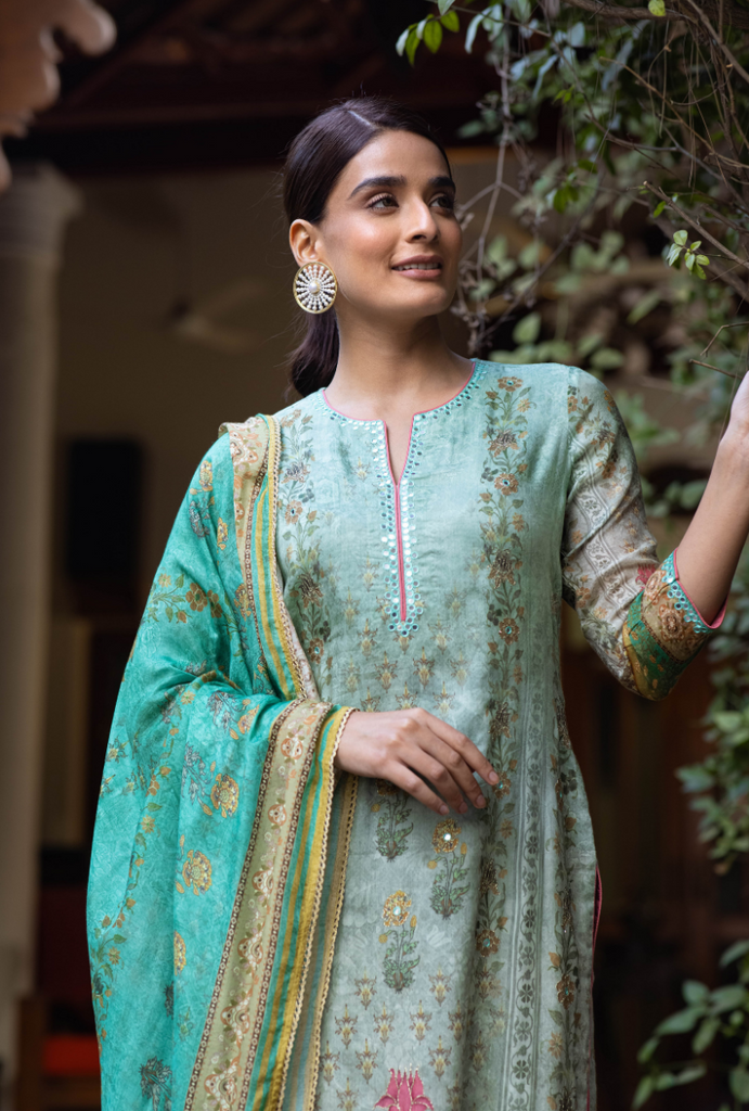 Aqua Mirror Work Malang Kurta Set