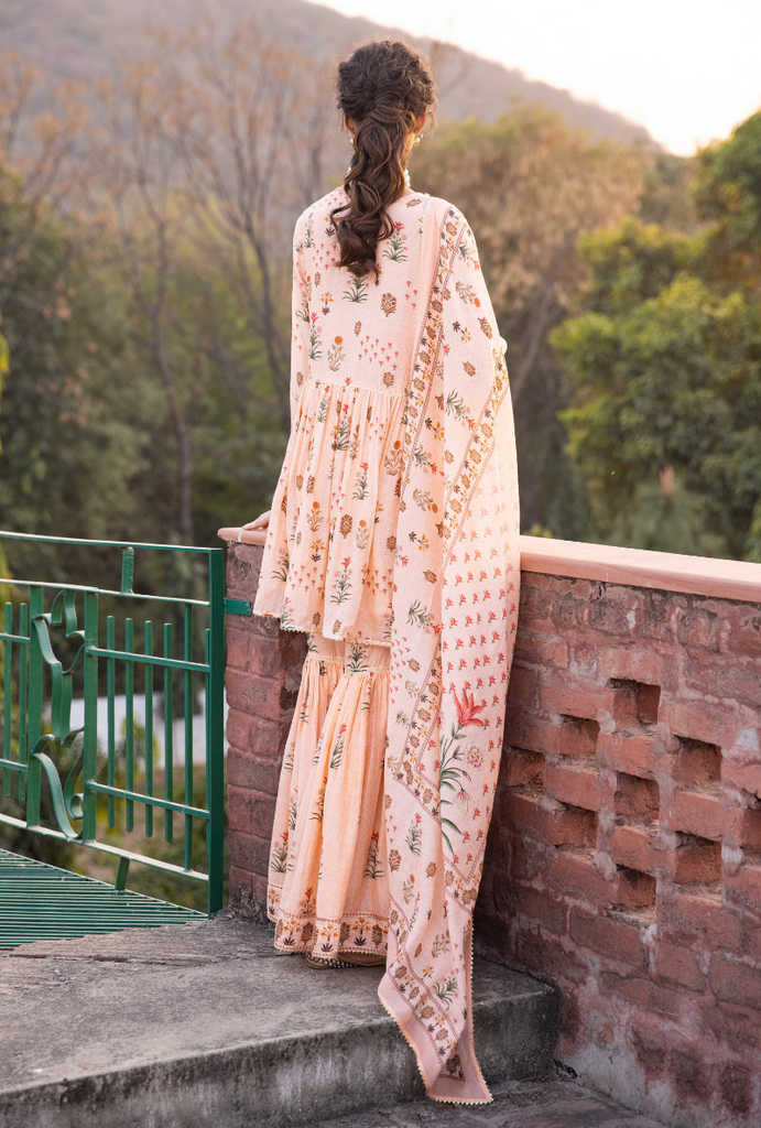 Peach Mirror Work Yoke Malang Gharara Set