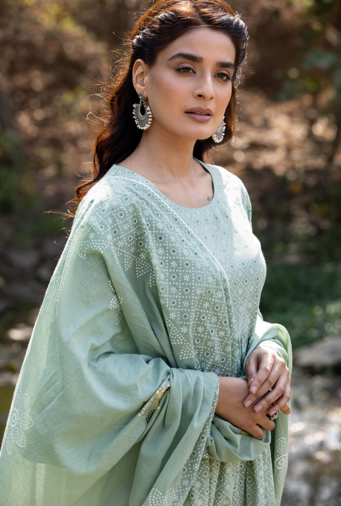 Green Frill Sleeve Titlie Anarkali Set