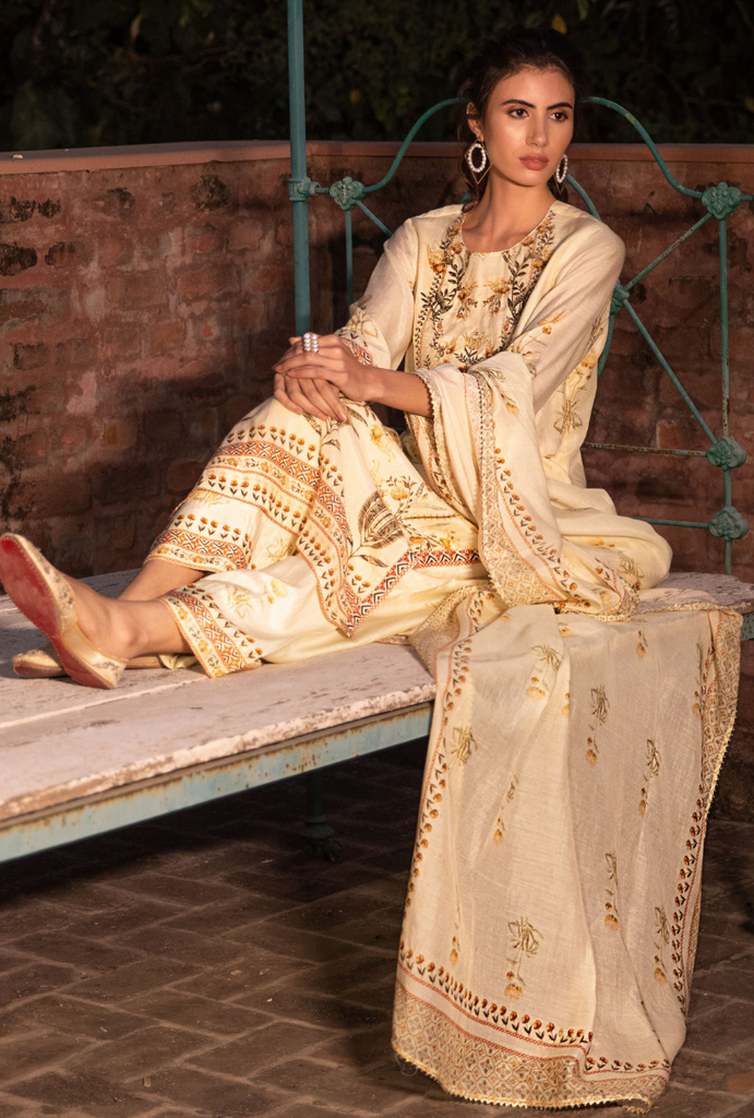 Cream Leaf Yoke Malang Kurta Set