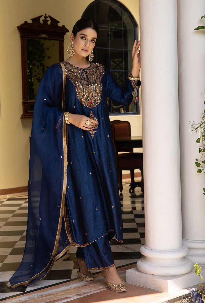 Blue Resham And Zardozi  Heavy-Neck Aayat Kurta Set