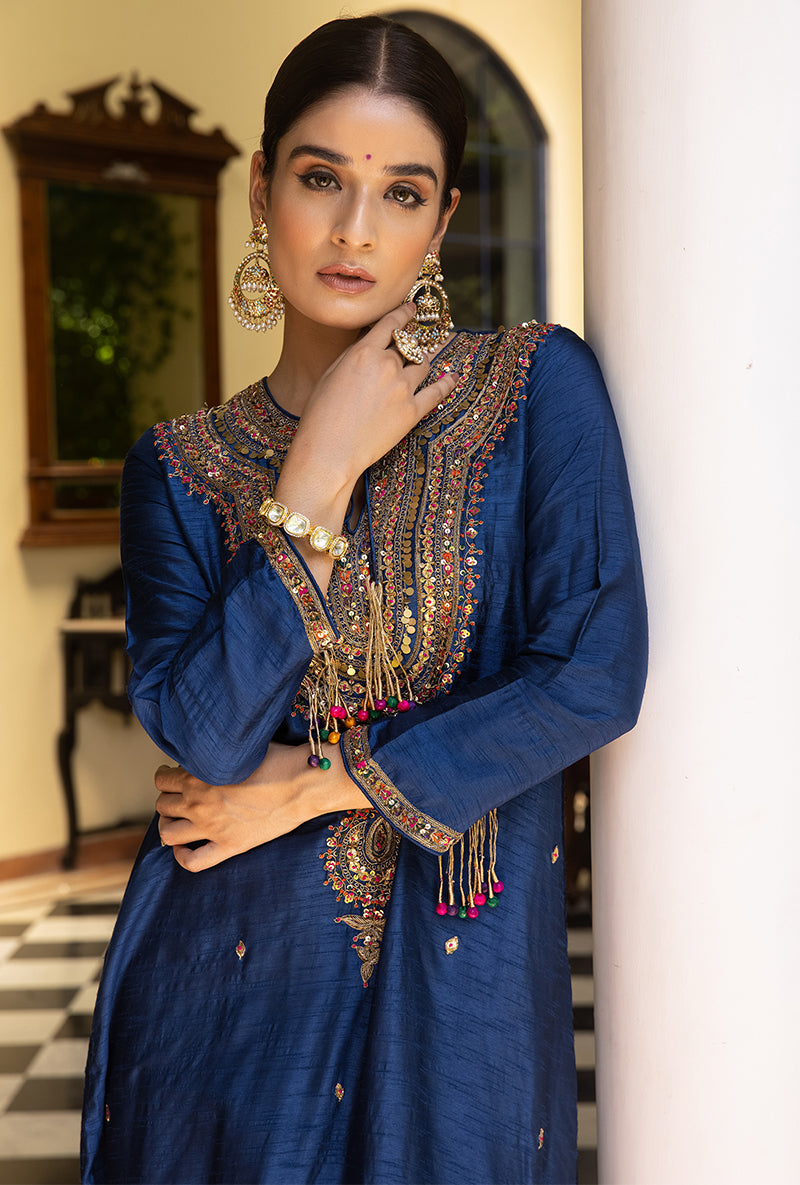 Blue Resham And Zardozi  Heavy-Neck Aayat Kurta Set