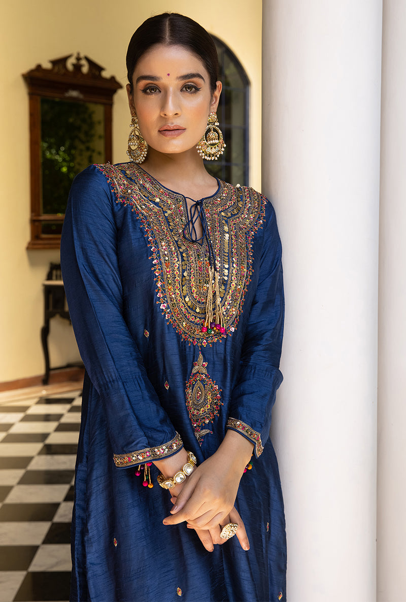 Blue Resham And Zardozi  Heavy-Neck Aayat Kurta Set