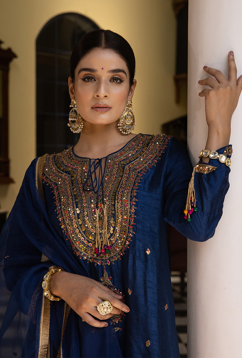 Blue Resham And Zardozi  Heavy-Neck Aayat Kurta Set