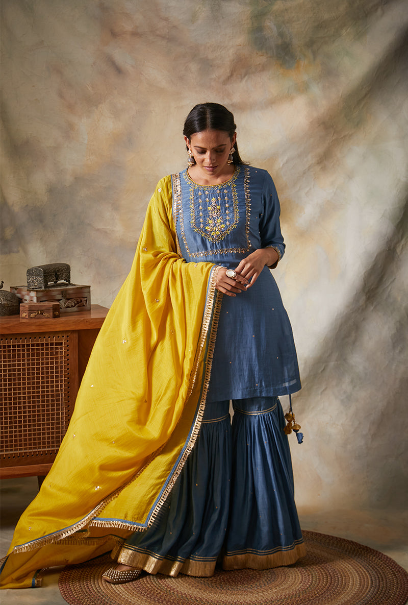 Blue Square Yoke Mahi Gharara Set