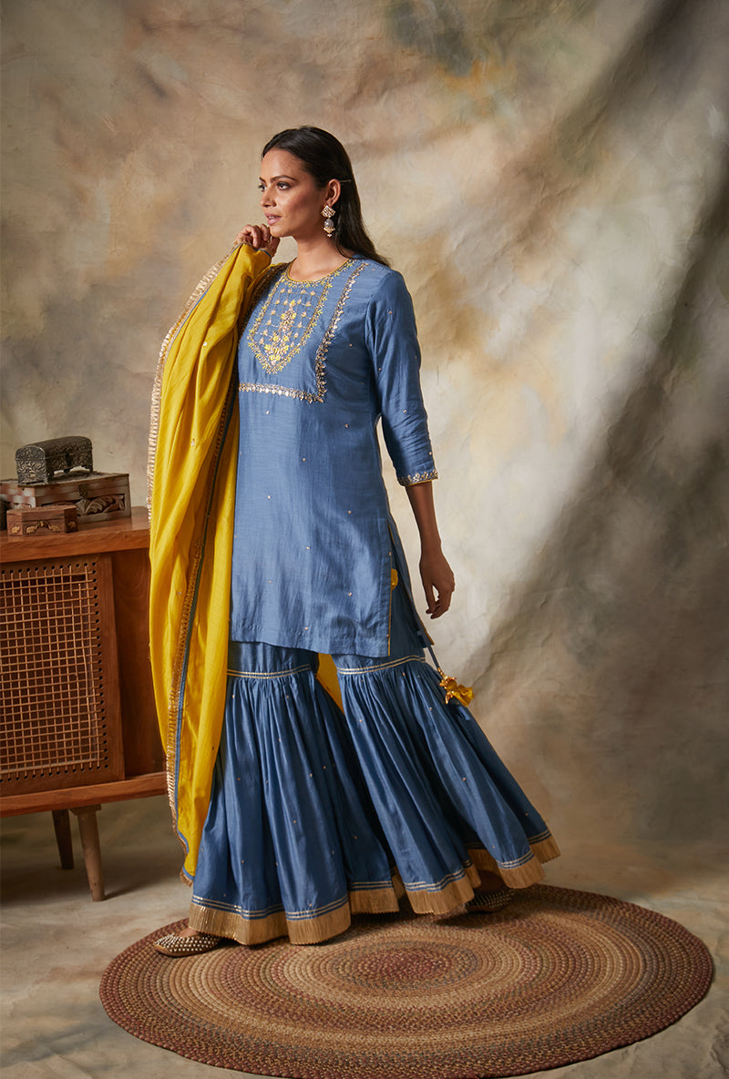 Blue Square Yoke Mahi Gharara Set