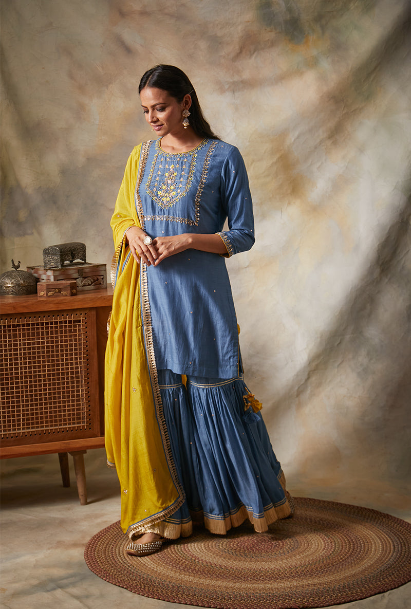 Blue Square Yoke Mahi Gharara Set