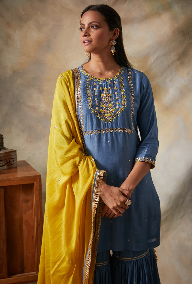 Blue Square Yoke Mahi Gharara Set