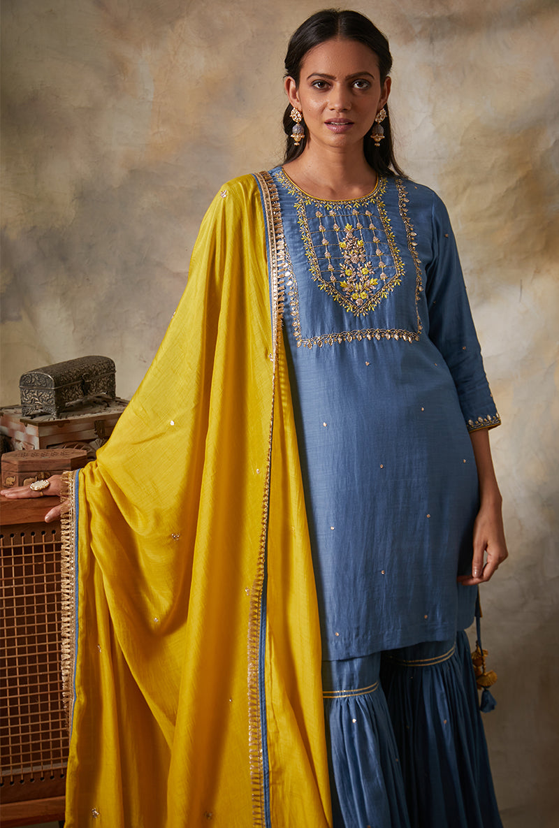 Blue Square Yoke Mahi Gharara Set