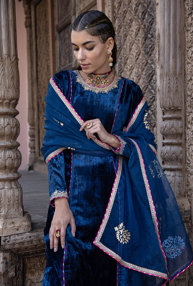 Blue Velvet A-line Foil Falak Kurta Set