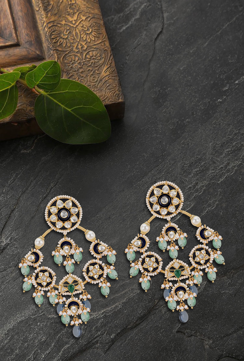 Gold Plated Silver Blue Sapphire & Emerald Bead Chandbali With Blue Enamel