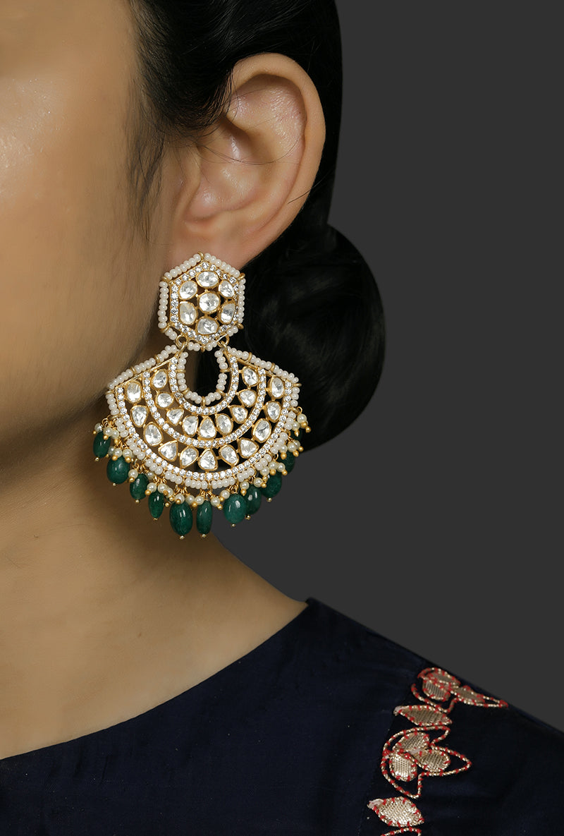 Gold Plated Silver All Polki Earrings With Green Drops