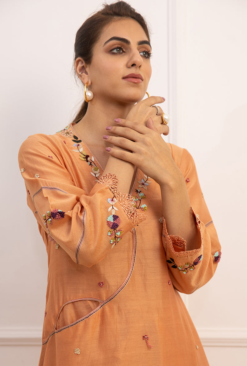Peach French Knot Pocket Style Suhaani Kurta Set