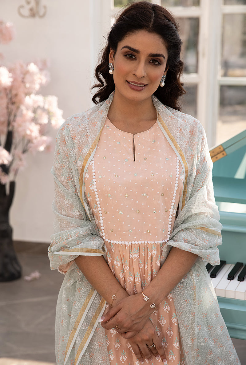 Peach Front Pleats Aisha Kurta Set