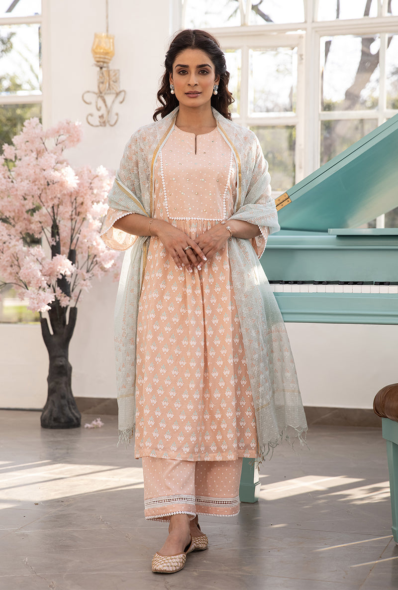 Peach Front Pleats Aisha Kurta Set