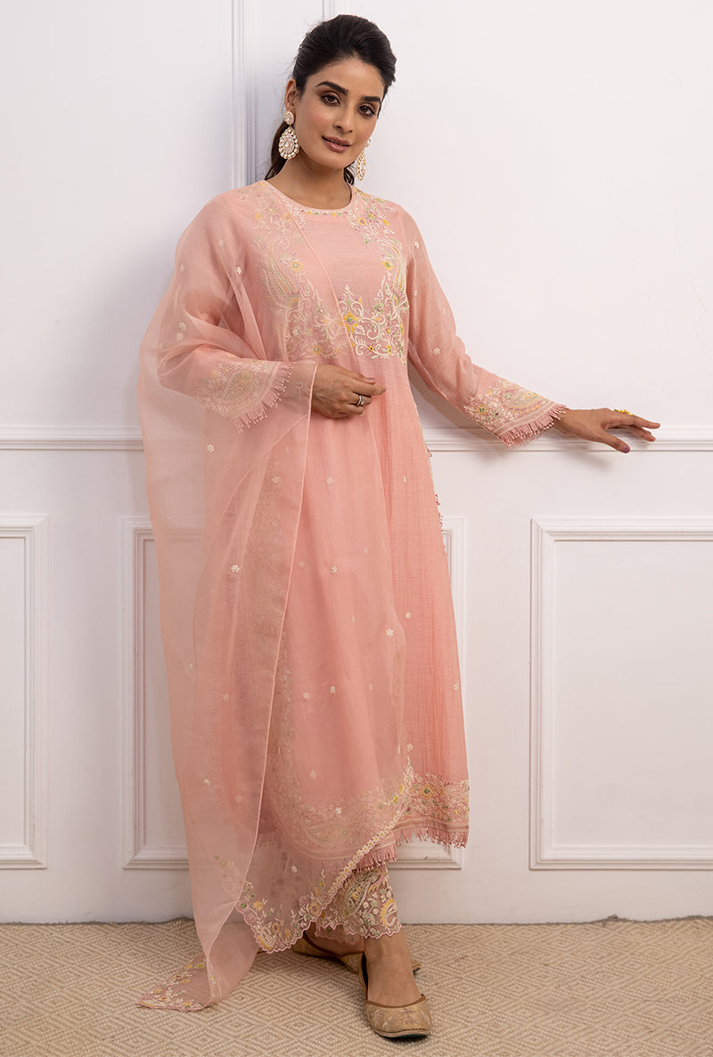 Pink Dori Paisley Long Kurta Yoke Aafreen Set