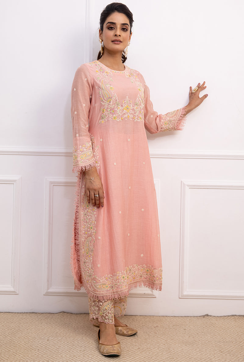 Pink Dori Paisley Long Kurta Yoke Aafreen Set