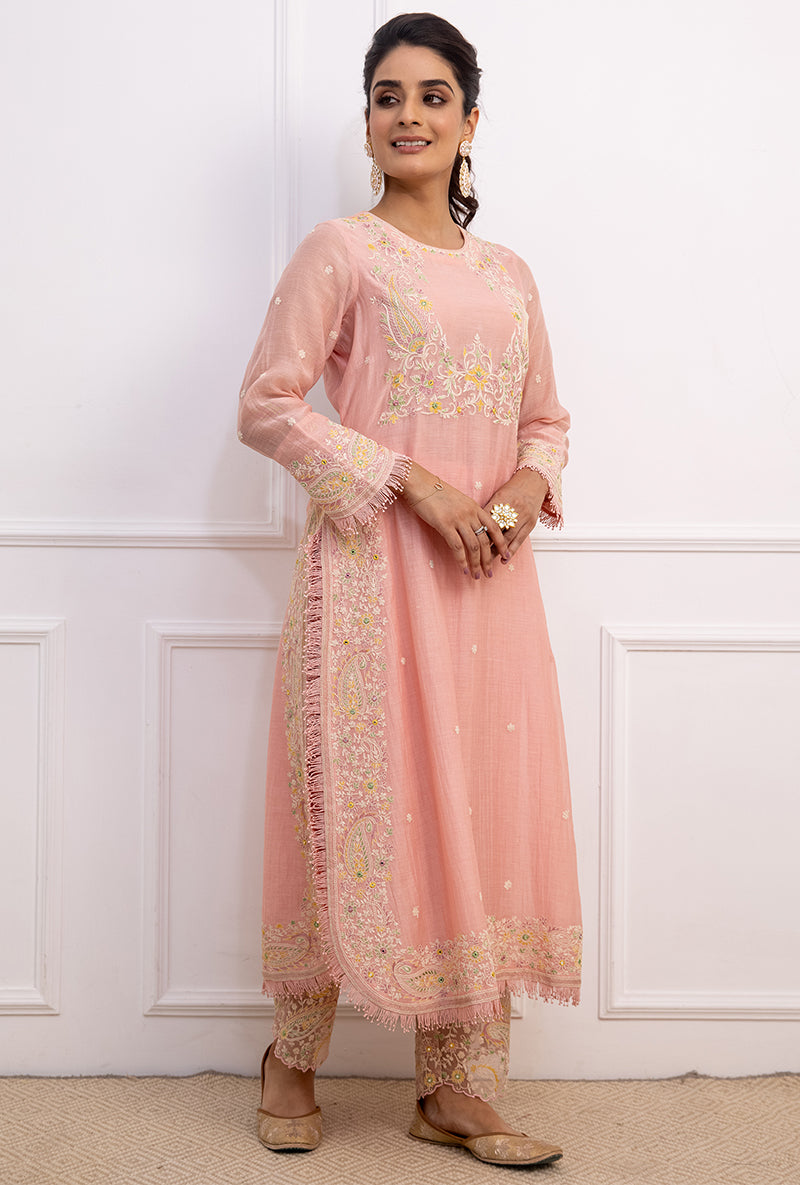 Pink Dori Paisley Long Kurta Yoke Aafreen Set