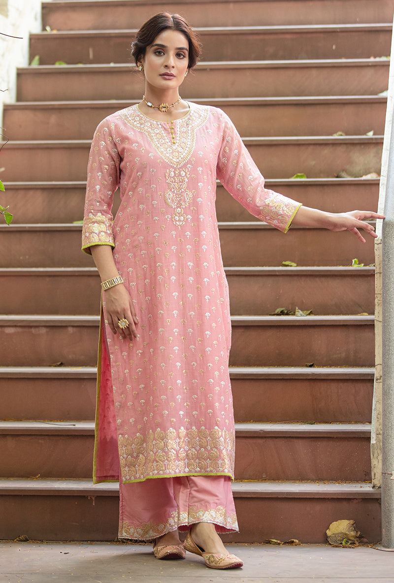 Pink Peacock Neck Hasrat Kurta Set