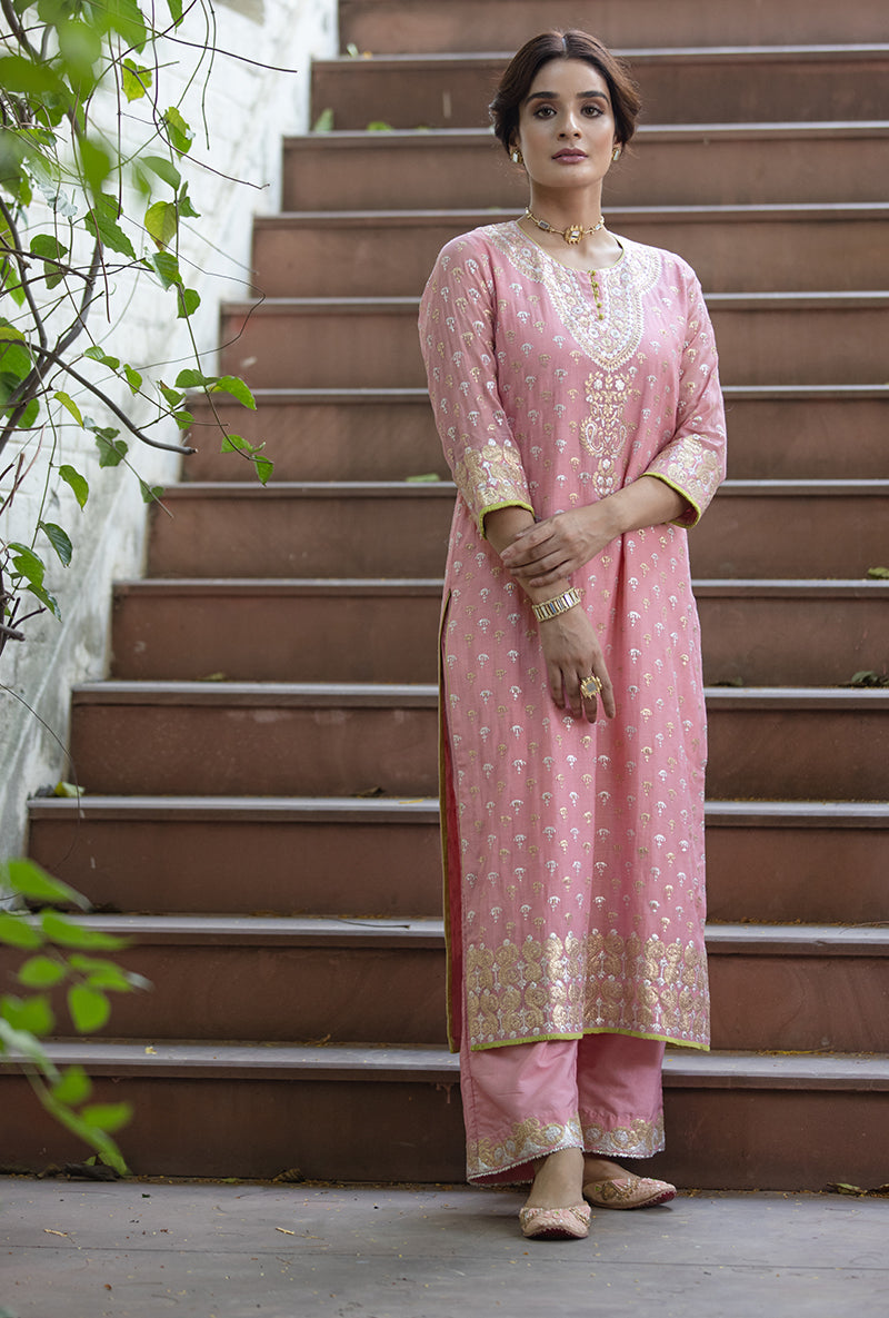 Pink Peacock Neck Hasrat Kurta Set