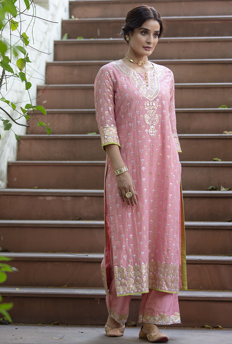 Pink Peacock Neck Hasrat Kurta Set